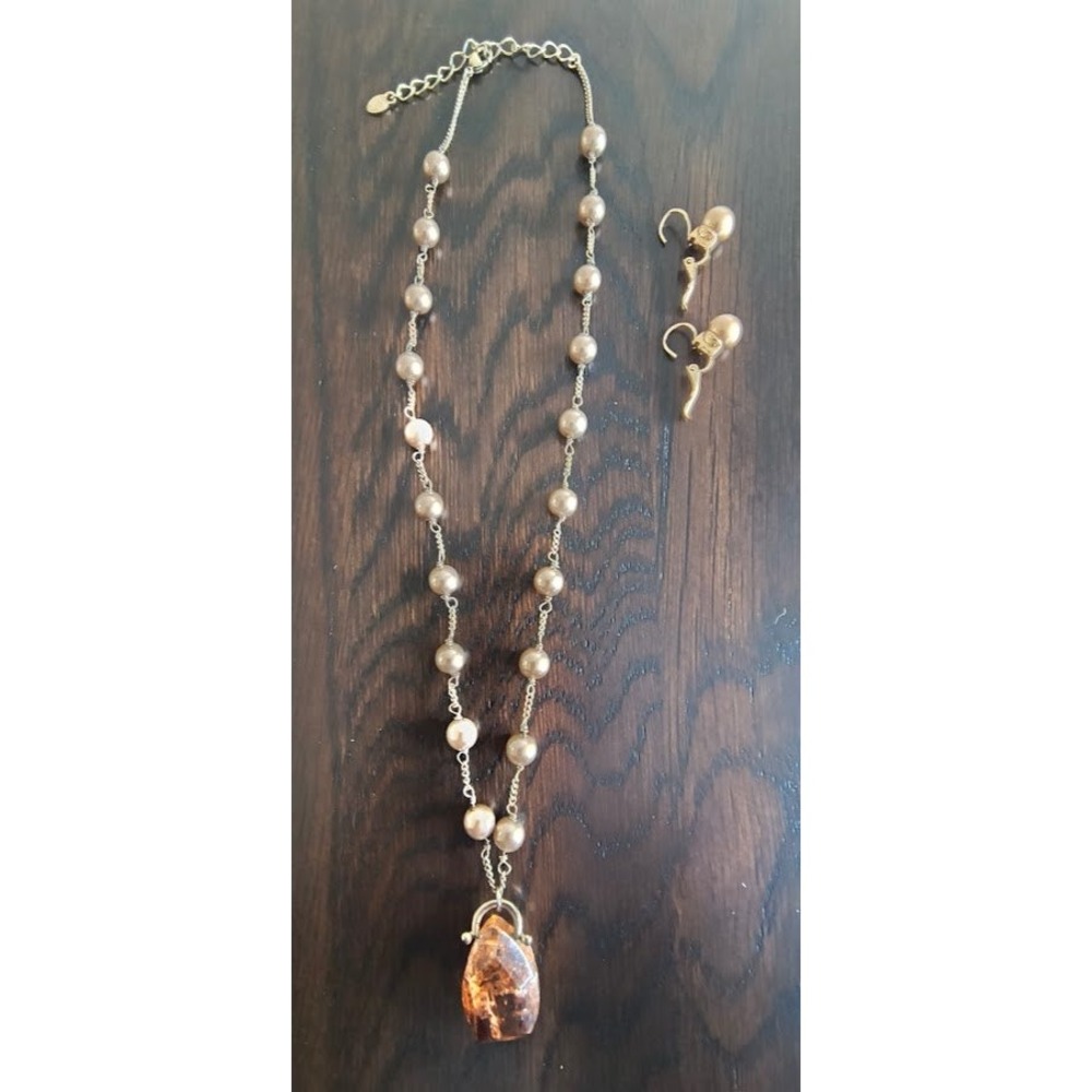 Vintage Monet Gold Tone Bead Necklace & Earrings Set Satin Finish Pendant 1980s
